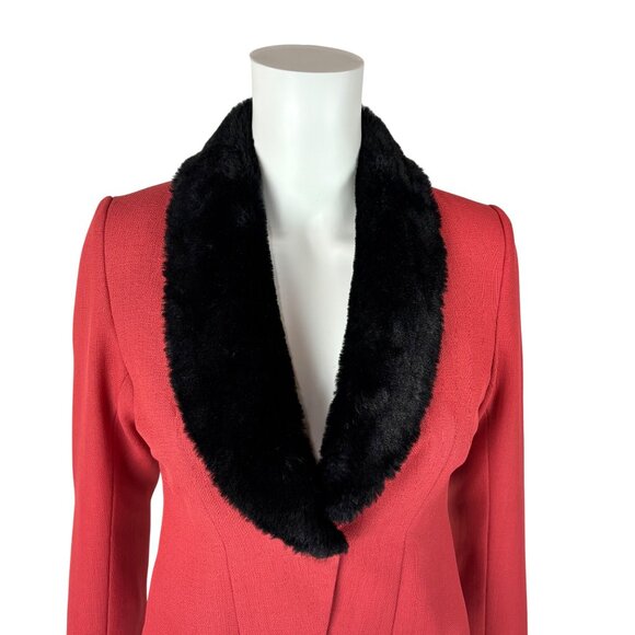 Vintage 80s Tuxedo Jacket Women's XS Salmon Black Faux Fur 40s Style Mini Blazer - Picture 3 of 10